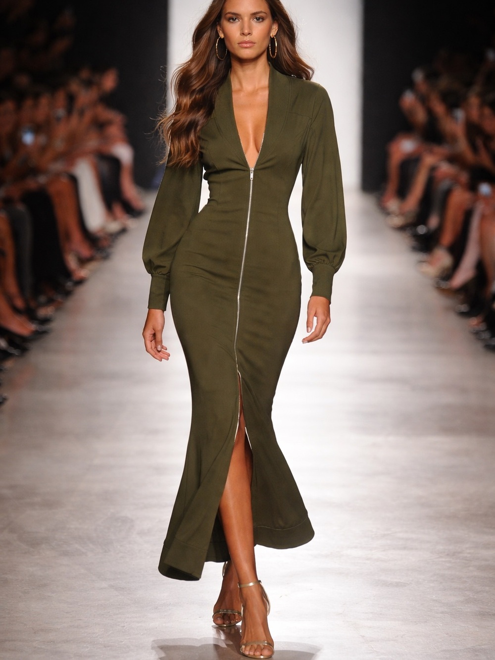 AKIRA Olive Green Long Sleeve Maxi Dress with Front Zip